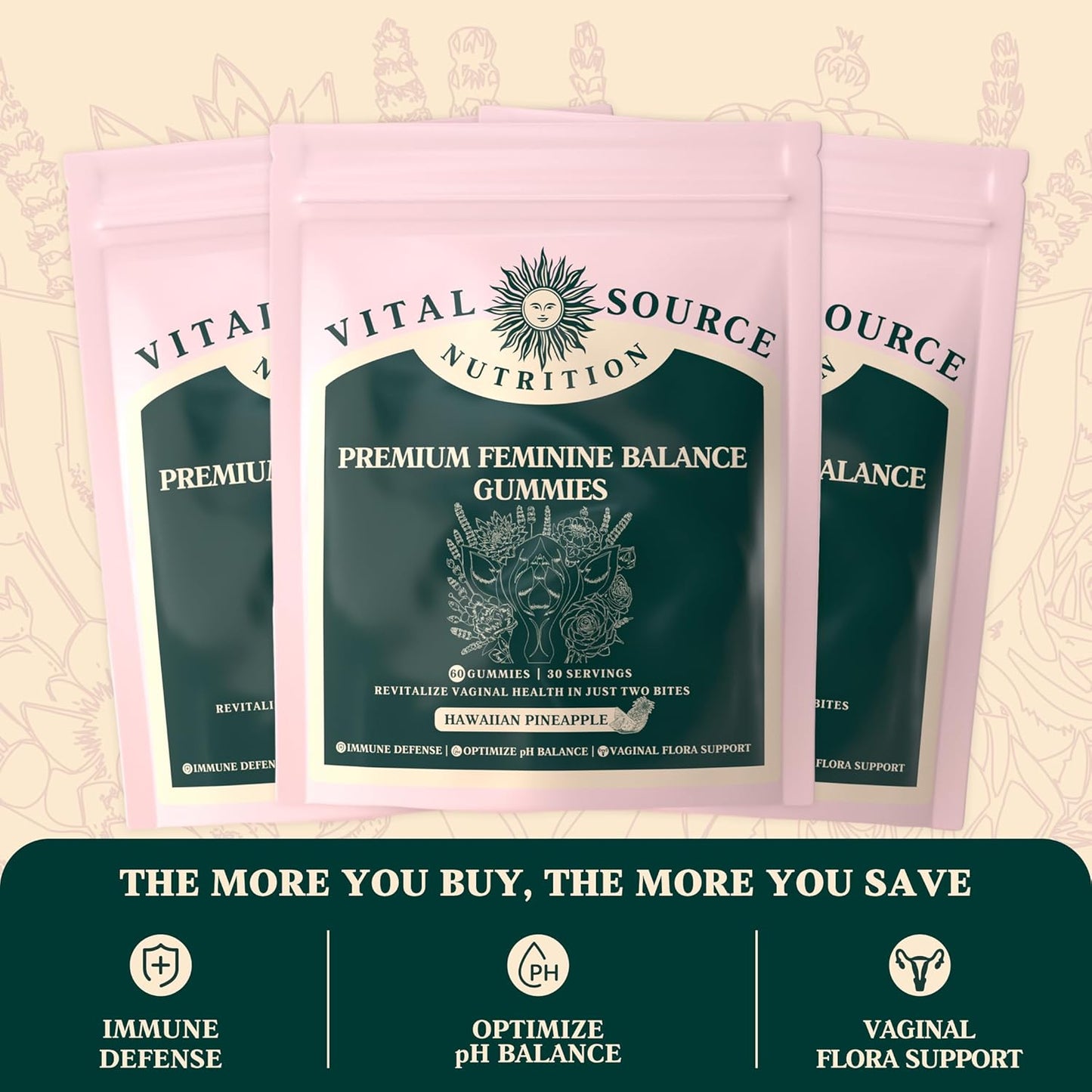 Vital Source Nutrition - Premium Feminine Balance Gummies - Hawaiian Pineapple - Vitality Plus