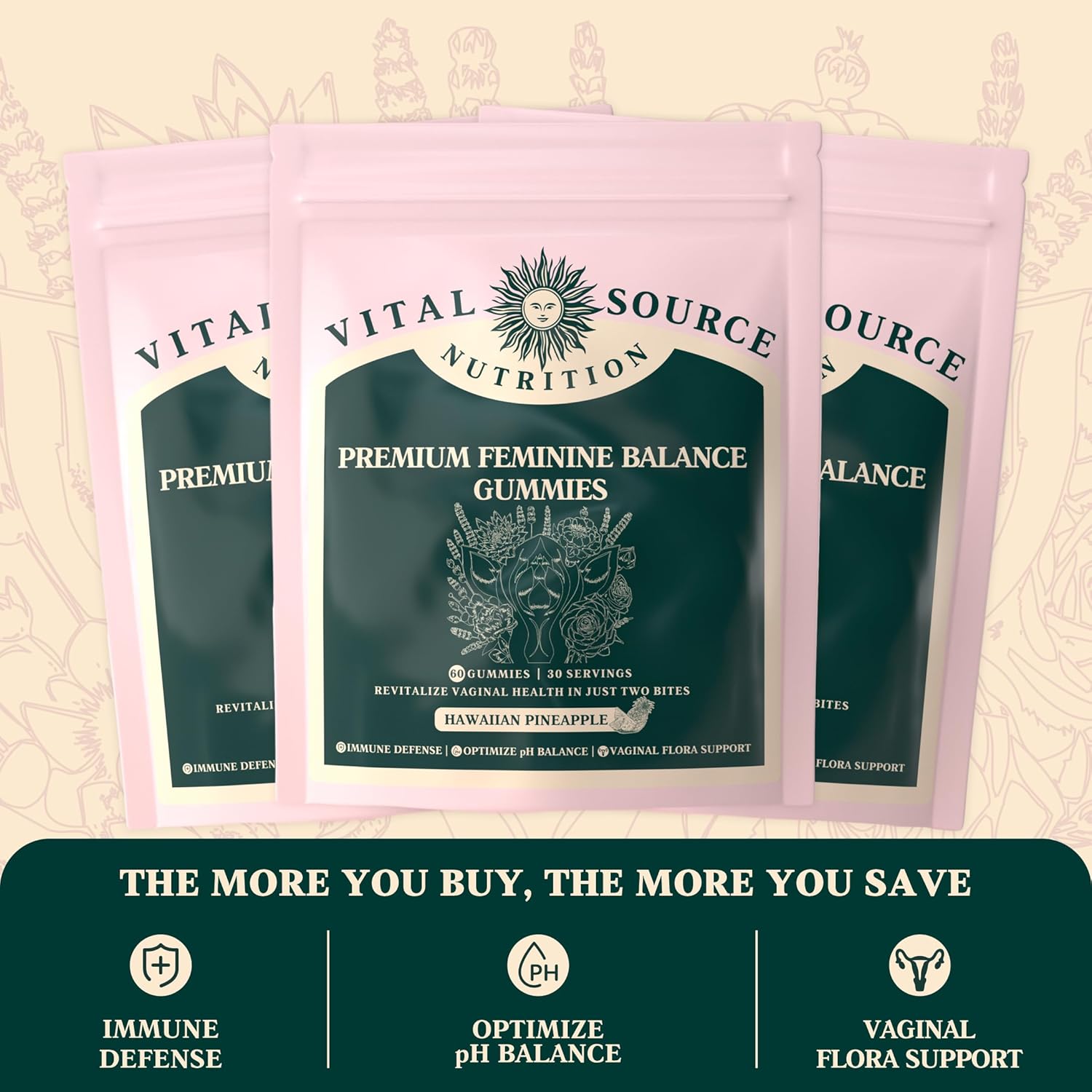 Vital Source Nutrition - Premium Feminine Balance Gummies - Hawaiian Pineapple - Vitality Plus