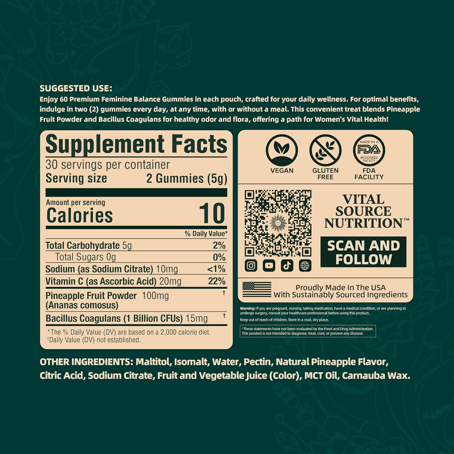 Vital Source Nutrition - Premium Feminine Balance Gummies - Hawaiian Pineapple - Vitality Plus